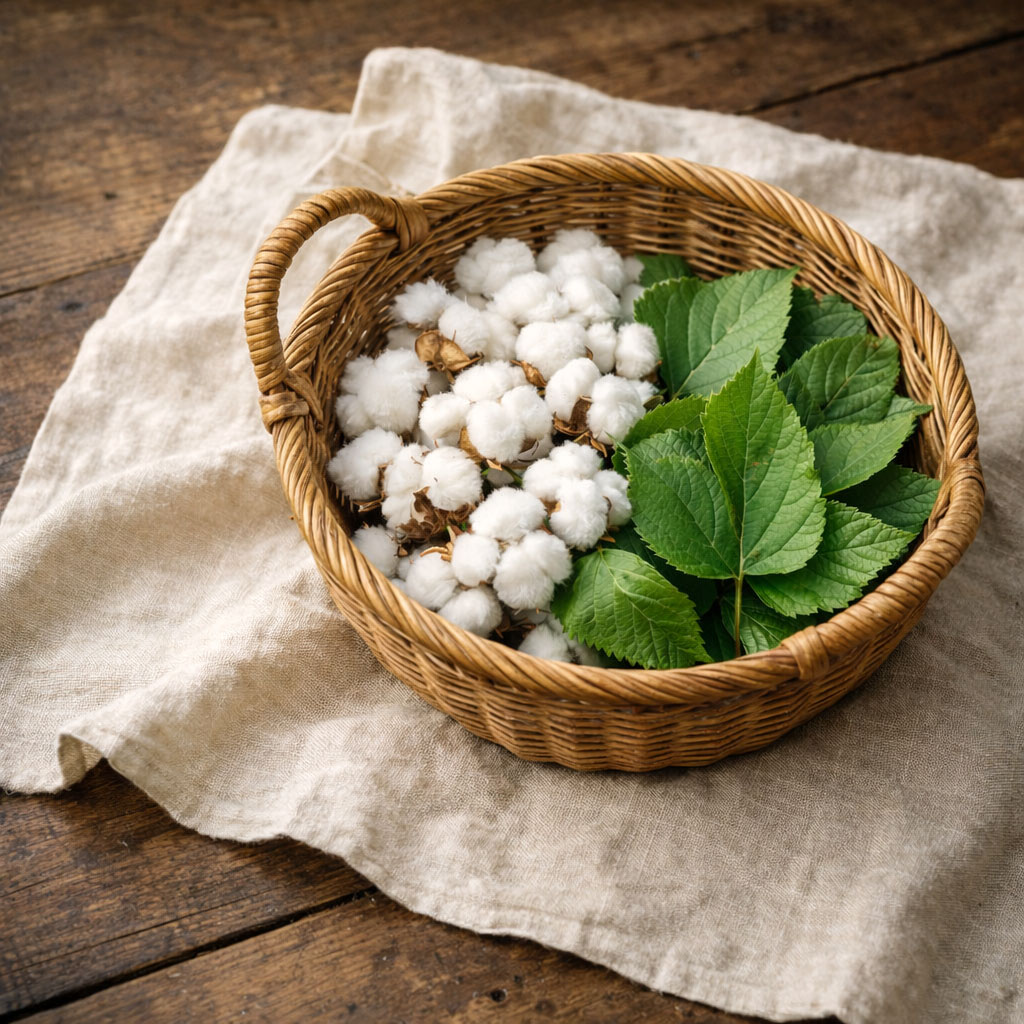 手織りの綿布と籠に入った綿花が並ぶ制作素材の様子