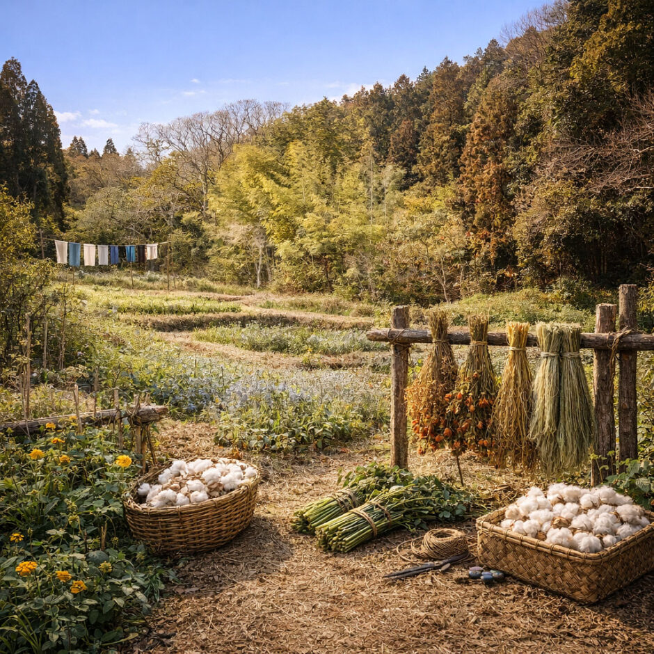 里山の畑で育つ染織用植物の風景
