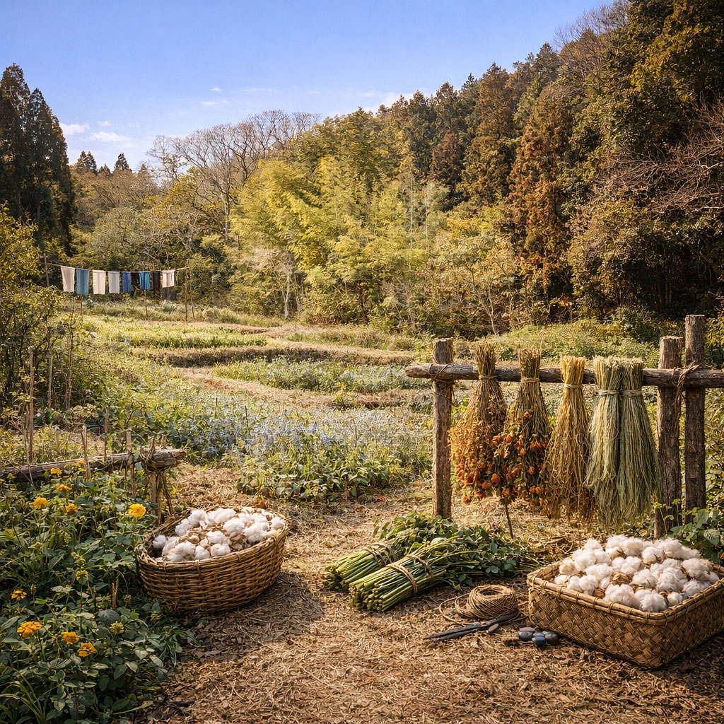 里山の畑で育つ染織用植物の風景